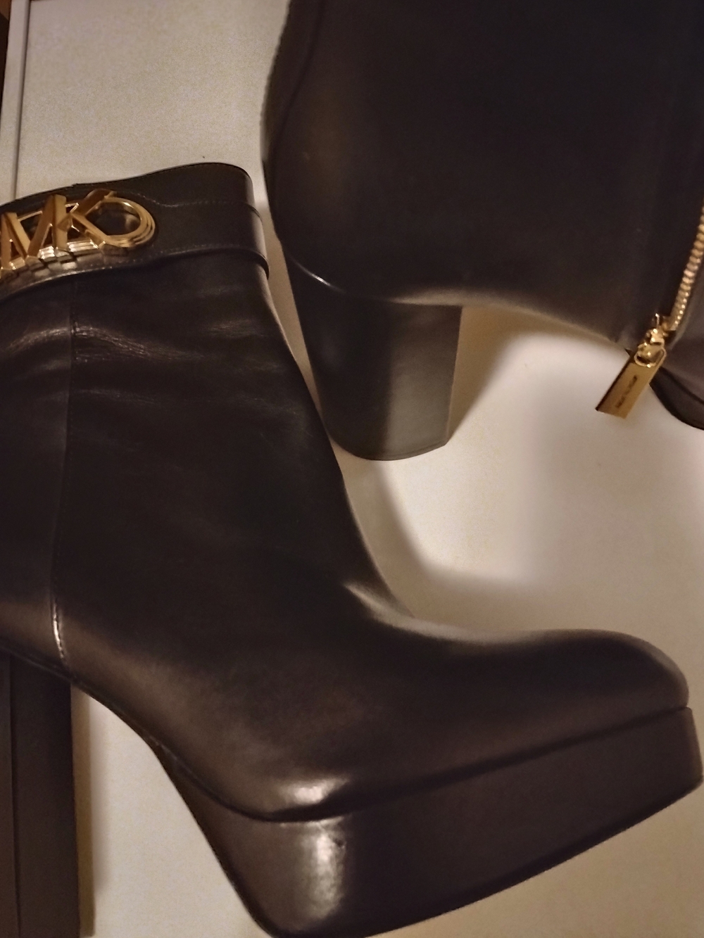 Michael Kors Black Leather Platform Ankle Boots with Gold Hardware